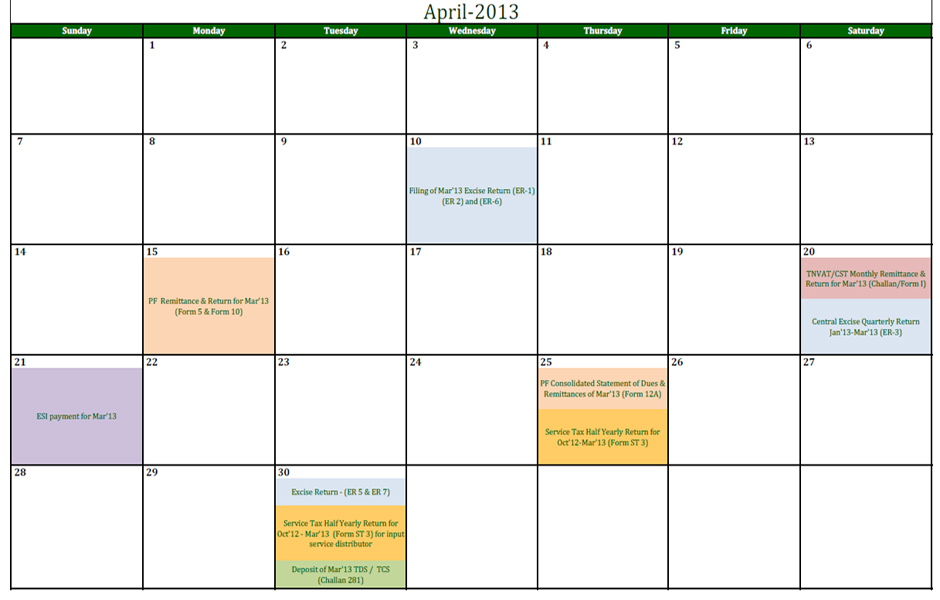 Financial Due Date Calendar for April-2013