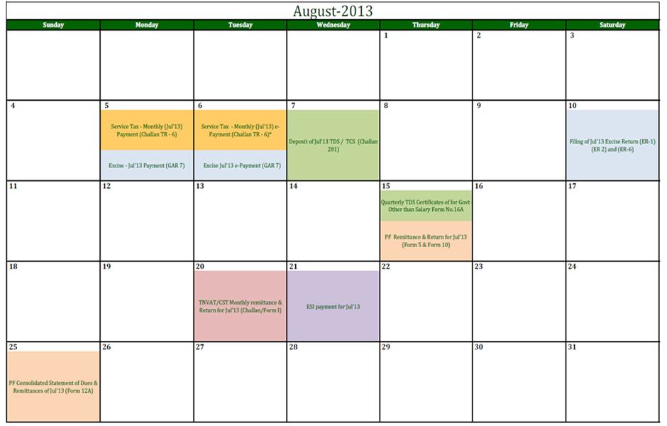 Financial Due Date Calendar for August-2013