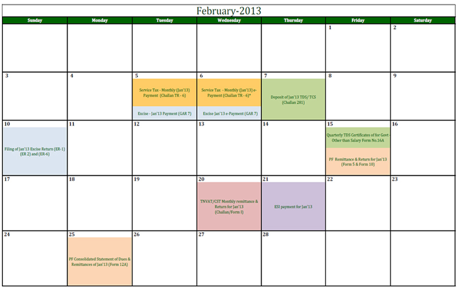 Financial Due Date Calendar for February-2013