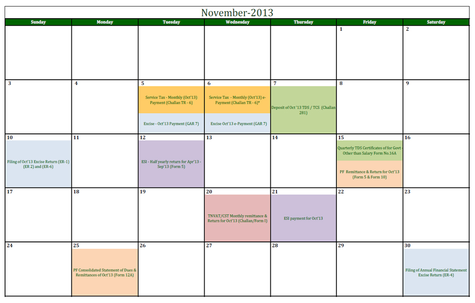 Financial Due Date Calendar for November-2013