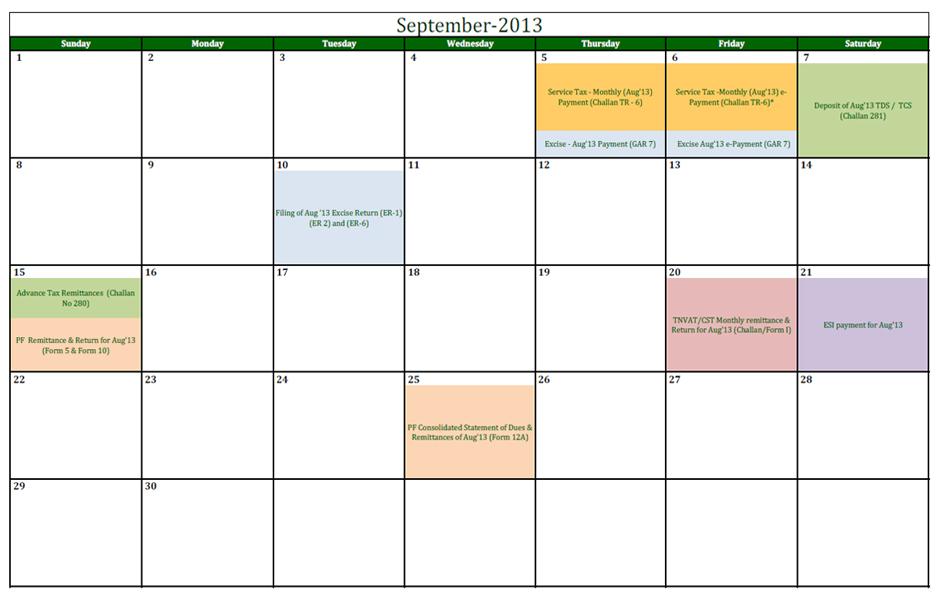 Financial Due Date Calendar for September-2013